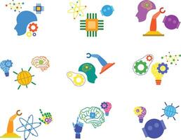 A modern set of AI-themed illustrations featuring neural networks, robots, bulb lamp and futuristic icons. Perfect for tech presentations, innovation concepts, digital transformation visuals vector