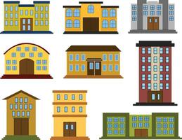 Set of school building illustrations featuring different architectural styles, colors, and design. Ideal for educational projects, back-to-school themes, children books, and academic designs. vector