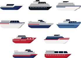 A diverse collection of cruise ship illustrations in different designs, for travel themes, tourism content, nautical designs, and transportation visuals. vector