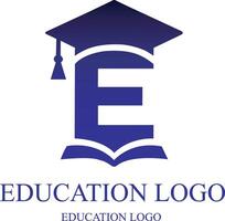 Creative education logo featuring the letter E and a graduation cap in blue. Simple and modern design suitable for schools, learning platforms, or academic services. vector