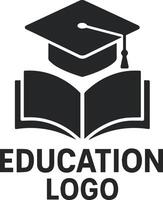 Education logo featuring an open book and graduation cap in black and navy. Clean and modern design ideal for academic, school, or learning-related use. vector