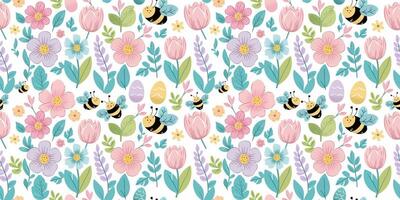 Honey Bee and colorful flowers on a white background. Seamless repeat surface pattern design. vector