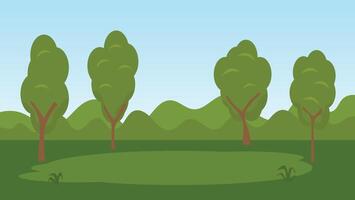 green field with trees and blue sky background. landscape cartoon scene vector