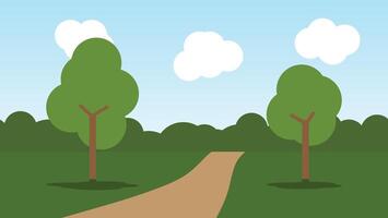 park with tree and pathway with white cloud in blue sky. landscape cartoon scene background vector