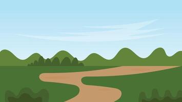 green filed with pathway and mountain with blue sky background. landscape cartoon scene vector