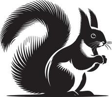 A black and white graphic illustration of a squirrel with a bushy tail holding its paws up vector