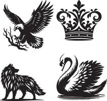 Black and white graphic featuring an eagle, crown, wolf, and swan in a stylized illustration vector
