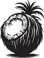 A black and white graphic illustration of a coconut with a hollow center and leafy top design vector