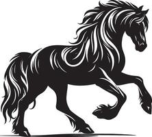 A striking black horse with flowing mane and tail in a dynamic pose against a white background vector