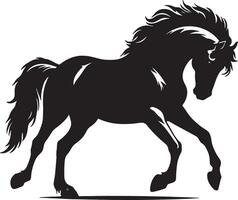 A black silhouette of a horse with a flowing mane and tail in a dynamic galloping position art vector