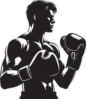 Silhouette of a muscular boxer with boxing gloves in a fighting stance against white background vector