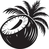 Black and white graphic illustration of a halved coconut with palm fronds in a style vector