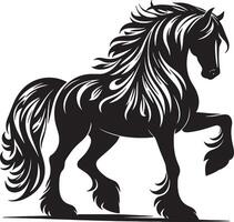 A black silhouette of a horse with a flowing mane and tail in a prancing pose on a white backdrop vector