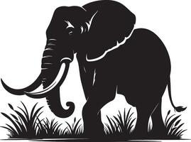 A black silhouette of an elephant standing in grass against a white background illustration vector