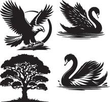 A black and white illustration featuring an eagle, two swans, and a tree on a white background vector
