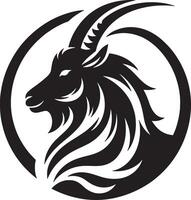 Illustration of a black goat head with long horns inside a black circle on white background vector