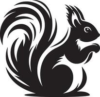 A stylized black and white illustration of a squirrel with a bushy tail holding something small vector
