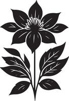 A black and white illustration of a flower with leaves on a white background in a simple style vector