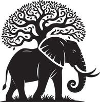 A black and white image of an elephant with a tree forming its head and grass at its feet vector