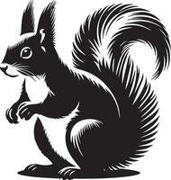 A black and white illustration of a squirrel with a bushy tail standing on its hind legs looking left vector