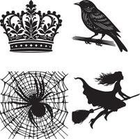 Black and white illustration featuring a crown, bird, spiderweb, and witch on a broomstick vector