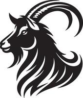 A stylized black and white illustration of a goat head with curved horns and a beard design vector
