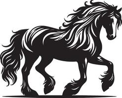 A striking black silhouette of a shire horse with flowing mane and tail in profile view pose vector