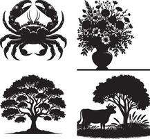 Black silhouette illustrations of a crab, flowers in a vase, tree, and a cow under a tree vector