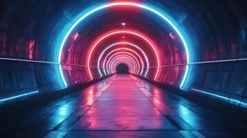 Futuristic Neon Tunnel with Reflective Floor and Depth photo