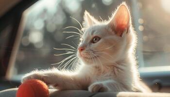 A sunlit kitten rests peacefully with a tiny ball, basking in golden light and gentle afternoon warmth. photo
