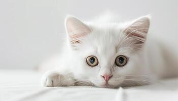 Fluffy white kitten gazes curiously with wide, innocent eyes, resting quietly on a soft white surface. photo