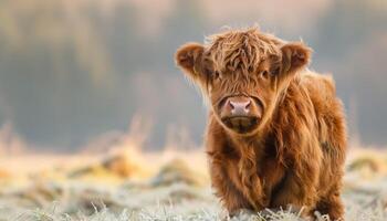 Fluffy Highland calf standing in frosty meadow with curious face and tousled hair in soft morning light photo