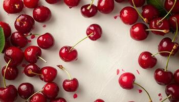 Fresh ripe red cherries scattered on white background with water drops and copy space top view photo