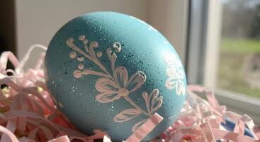 A blue egg with white flowers on it photo