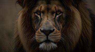 A close up of a lion's face with a dark background photo