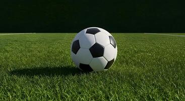 A soccer ball on the grass in front of a green background photo