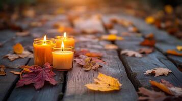 Imagine a cozy autumn scene with flickering candles and colorful leaves photo