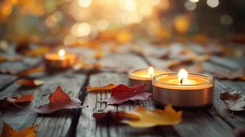 Experience Autumn Scene featuring Candles and Colorful Leaves all around you photo