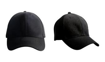 Two black hat baseball cap, front and side view, On a white background with clipping path photo