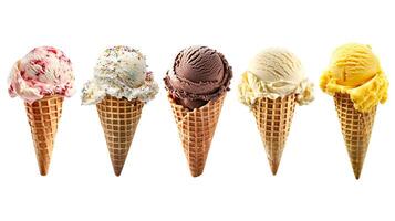 Five different flavor ice cream scoop on waffle cone, Strawberry, Vanilla, Chocolate, Banana and mango flavor, Clipping path photo