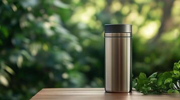 A sleek stainless steel travel mug with a matte finish, placed on a wooden table with greenery in the background, natural lighting and soft shadows photo