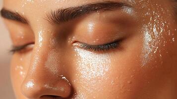 close-up of a womans skin, highlighting a combination skin type with visible oiliness on the forehead and nose, while the cheeks appear drier and slightly flaky photo