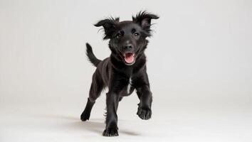Playful black dog is playing and looking happy isolated on white background. Concept of motion, action, movement photo