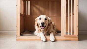 dog in an open crate during a crate training, happy and relaxed, golden retriever puppy photo