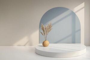 A mockup stage design. A clear circle, minimal mockup stage with the color of pale blue, bright white and warm tan photo
