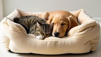 A cat and dog cuddled up in a plush pet bed, enjoying a peaceful nap photo