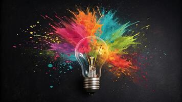 Creative Light Bulb Bursting with Colorful Paint, Exploding Ideas Concept, Artistic Innovation, Vibrant Brainstorm photo