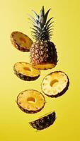 A pineapple cut in 6 slices flying in the mid-air, against a yellow background. A very realistic, high-resolution, professional photograph with detailed, hyper-realistic product photograph photo