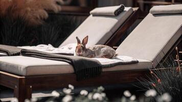 Relaxing Bunny Resting on a Sun Lounger in Cozy Setting photo