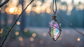 Wire Wrapped Rainbow Crystal Pendant on Glowing Bokeh Background photo
